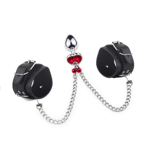 Metal small large size leather bondage handcuff with chain anal beads butt plug set bell ring insert sex toy couple game