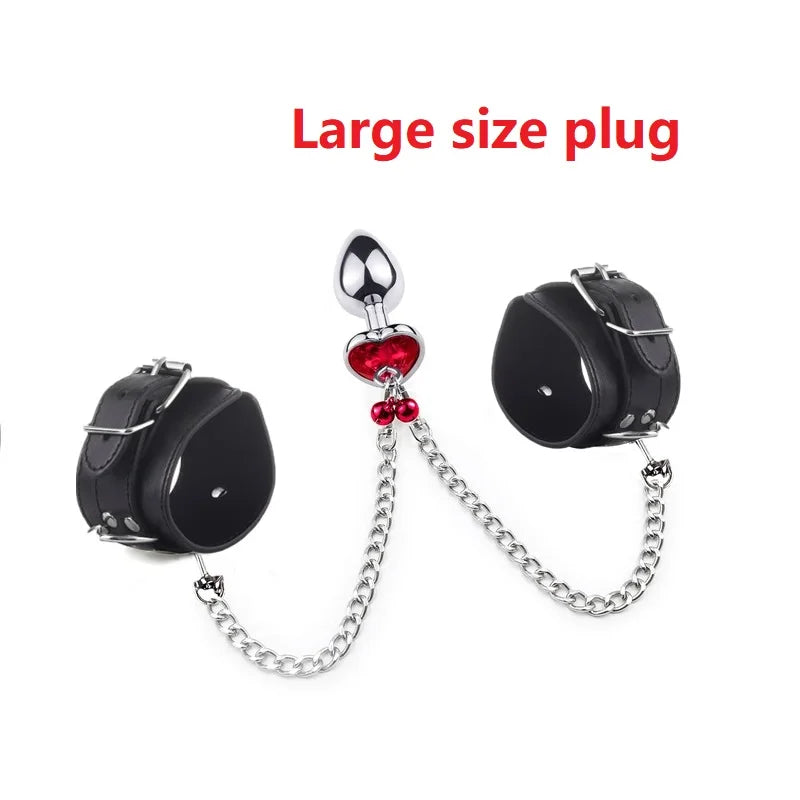 Metal small large size leather bondage handcuff with chain anal beads butt plug set bell ring insert sex toy couple game