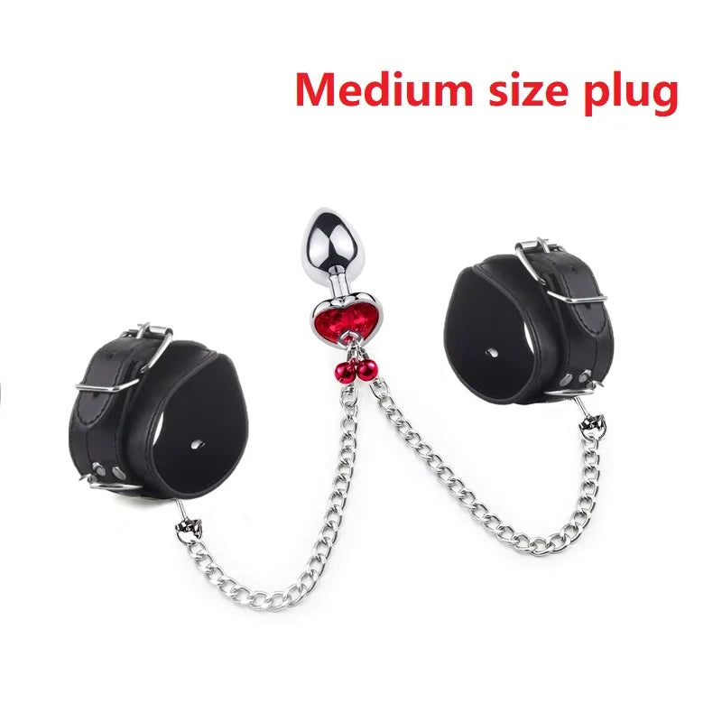 Metal small large size leather bondage handcuff with chain anal beads butt plug set bell ring insert sex toy couple game