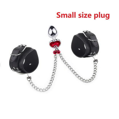 Metal small large size leather bondage handcuff with chain anal beads butt plug set bell ring insert sex toy couple game