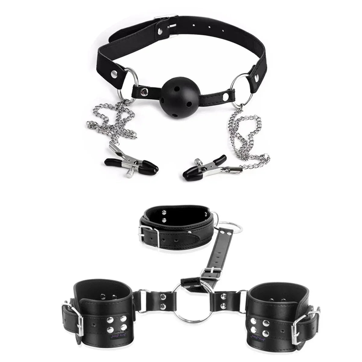 Neck to Wrist Restraints Kit with Nipple Clamps Gag Sex Toys for Women Adjustable Back Handcuffs Collar Bondage SM Sex Game Toys