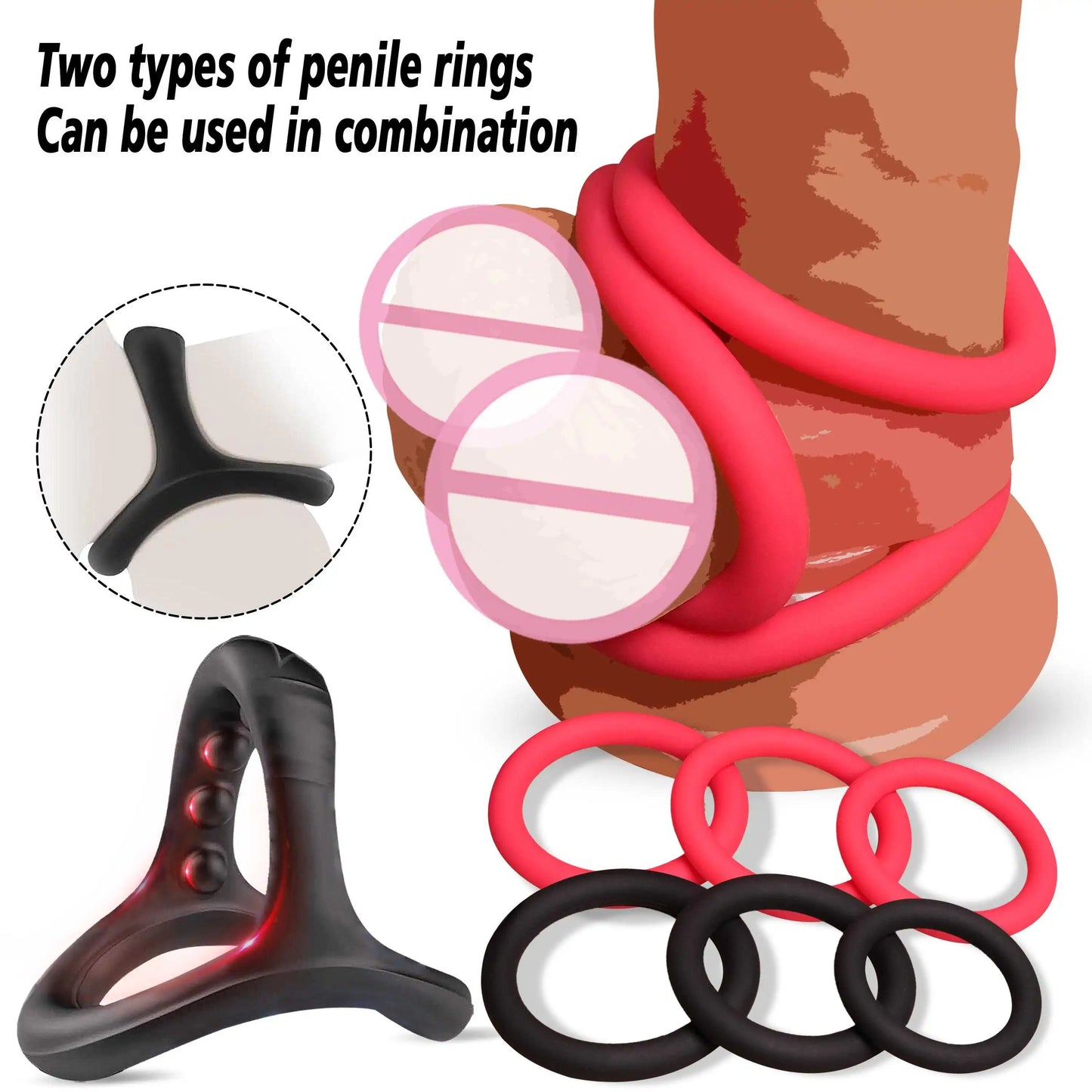 New 6 Rings Silicone Cock Penis Rings with Enlargers Erection Enhancing Ultra Soft Long Lasting Stronger Adult Sex Toys for Men