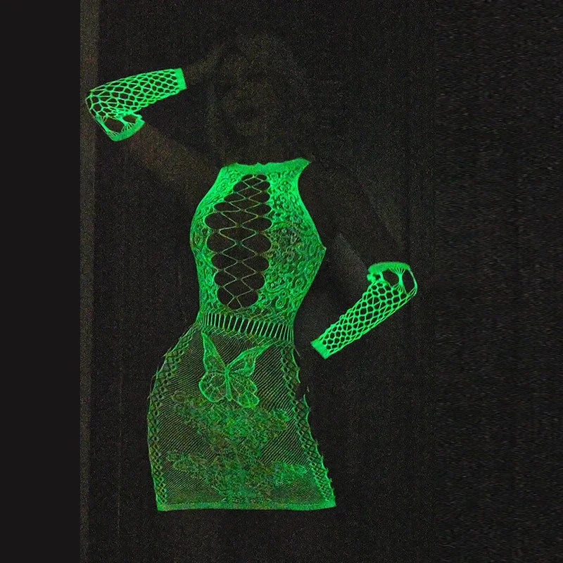 New Luminous Sexy Crotchless Lingerie Teddies Fishnet Bodysuit Women Erotic Outfit Stretch Mesh Hollow Underwear Bodystockings