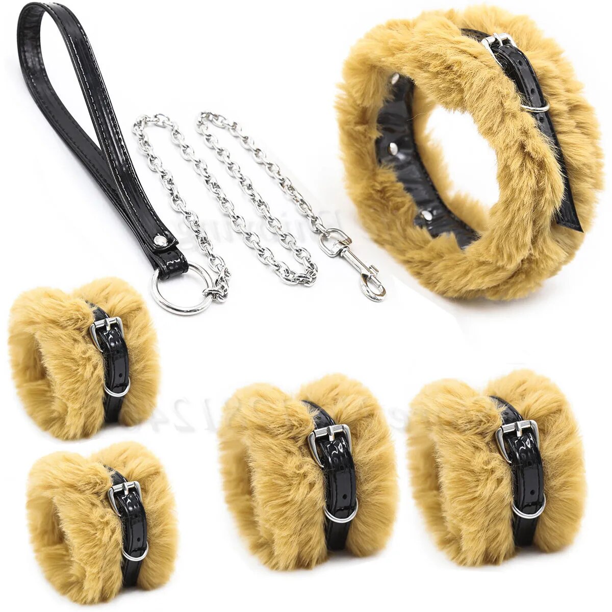 New Plush Bdsm Leather Dog Handcuffs Neck Collar Ankle Cuffs Slave Bondage Belt With Chains Lockable Fetish Sex Toys For Couples