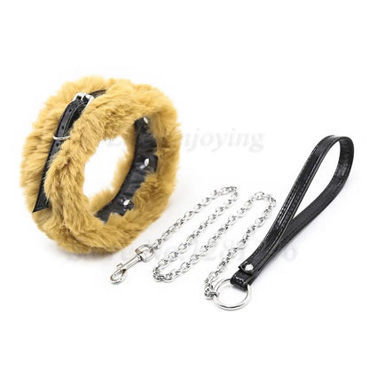 New Plush Bdsm Leather Dog Handcuffs Neck Collar Ankle Cuffs Slave Bondage Belt With Chains Lockable Fetish Sex Toys For Couples