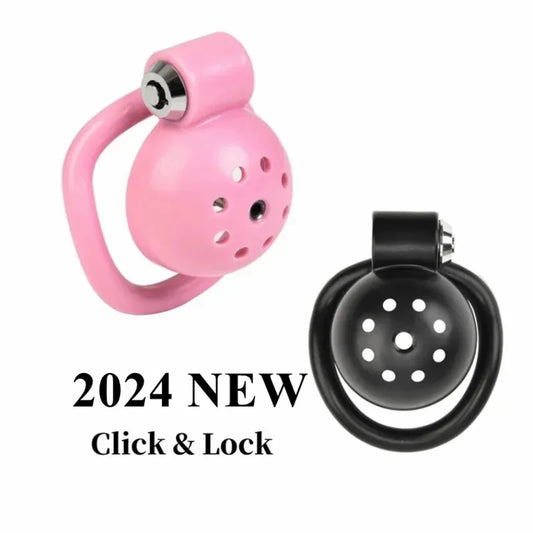 New Sissy Click&Lock ABS Pink Chastity Cage Abstinence Penis Lock with 5 Size Cock Rings and Metal Urinary Catheter Adult Toys