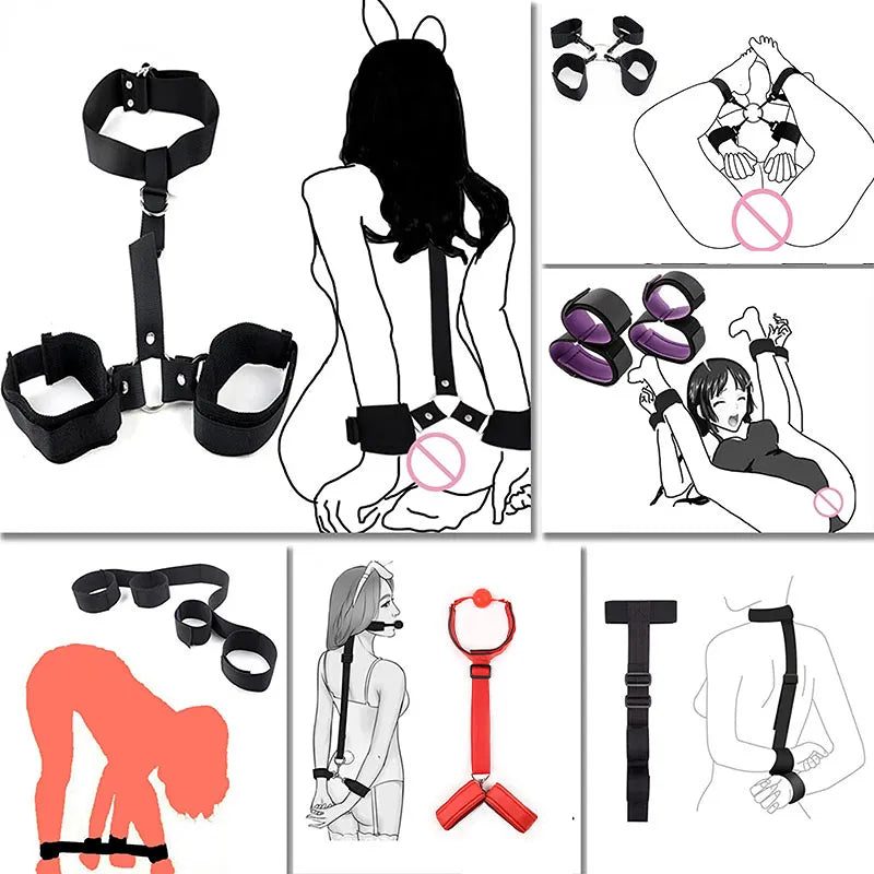 Nylon Erotic Restraints Kit Handcuffs Collar Slave Bondage BDSM Bondage Back Open Leg Cuffs Sex Bondage Adult Toys for Couple