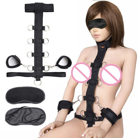 Nylon Wrist Cuff To Neck Collar with Metal O Rings Restraint Handcuff Slave Fancy Bondage Wrist Cuff Flirting SM Sex Toy