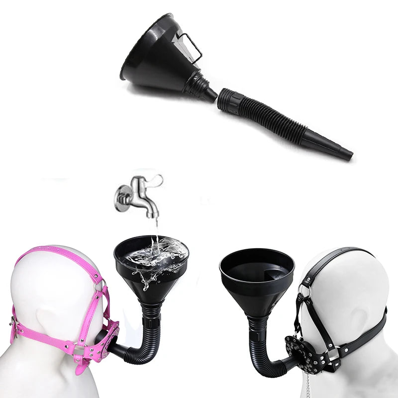 Open Mouth Gag Mask Hood with Toilet Funnel BDSM PU Leather Oral Enema Drool Plug Gag  Head Harness Bondage Adult Sex Game Toy