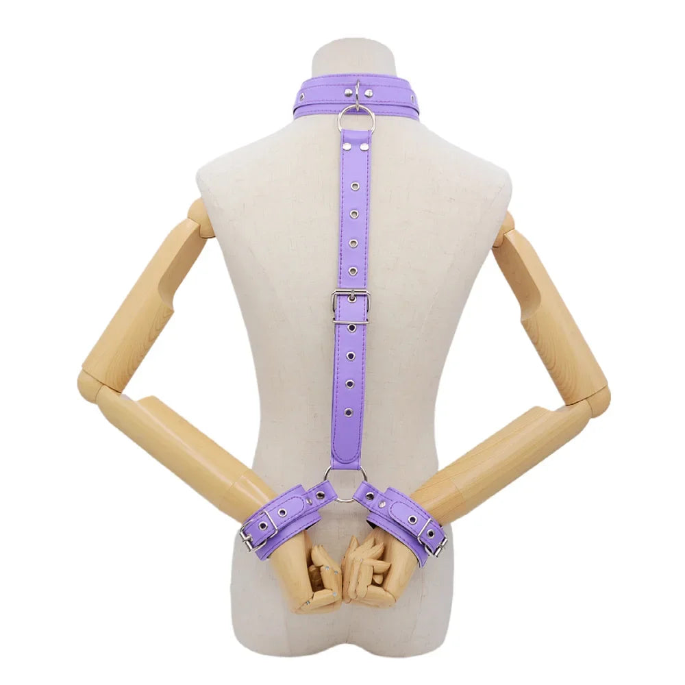 PU Leather Behind Back Hand Cuff SM Collar BDSM Bondage Restraints Slave Training Hand Binding SM Toys For Couple Games