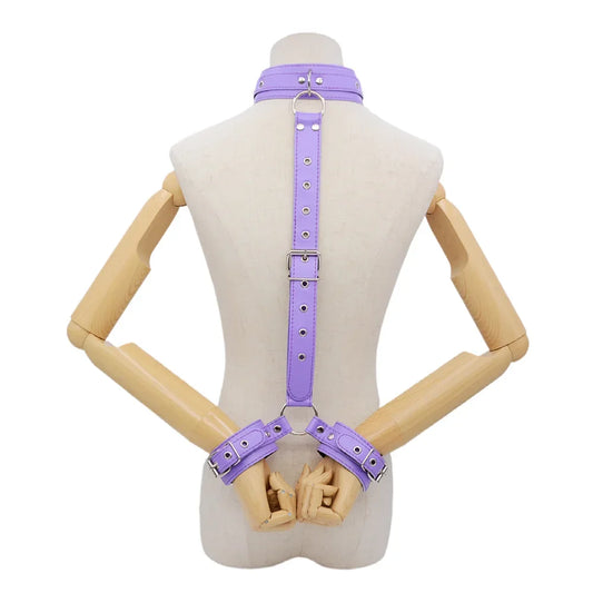 PU Leather Behind Back Hand Cuff SM Collar BDSM Bondage Restraints Slave Training Hand Binding SM Toys For Couple Games