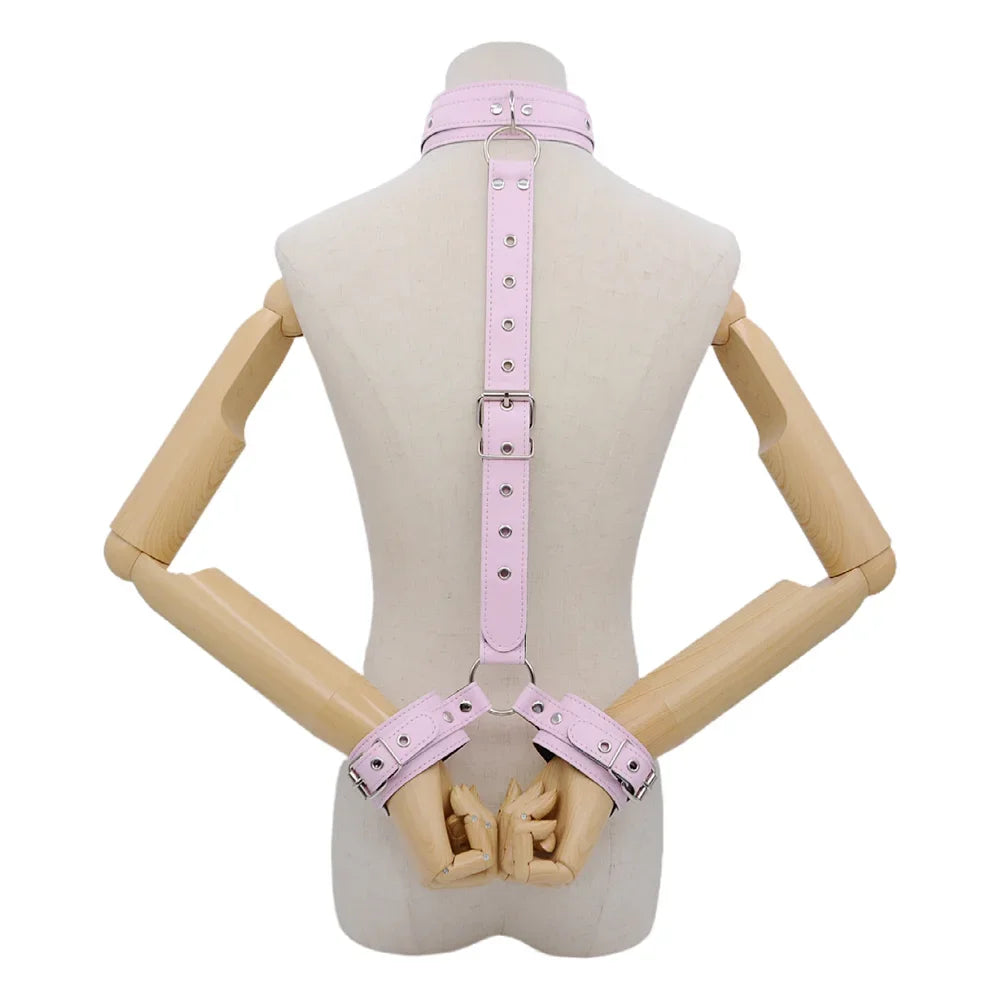 PU Leather Behind Back Hand Cuff SM Collar BDSM Bondage Restraints Slave Training Hand Binding SM Toys For Couple Games