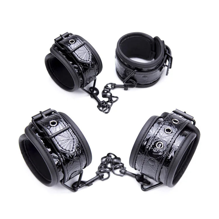 PU Leather Black Bondage Set Diamond Pattern Spreader Bar Handcuffs Ankle Cuff Restraints Adult Game Toys for Women&Men Products