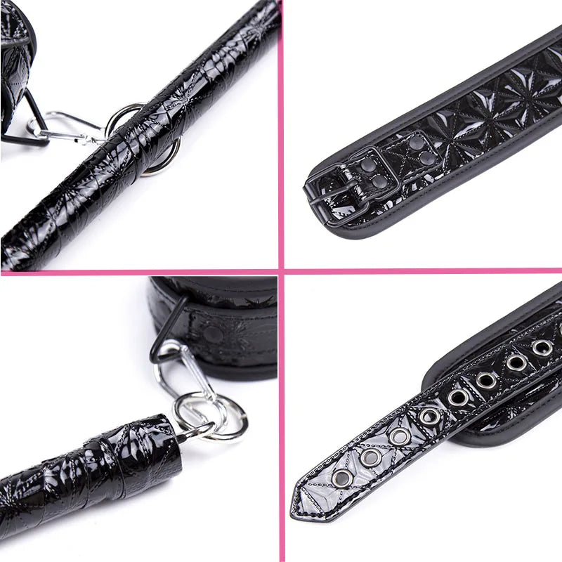 PU Leather Black Bondage Set Diamond Pattern Spreader Bar Handcuffs Ankle Cuff Restraints Adult Game Toys for Women&Men Products