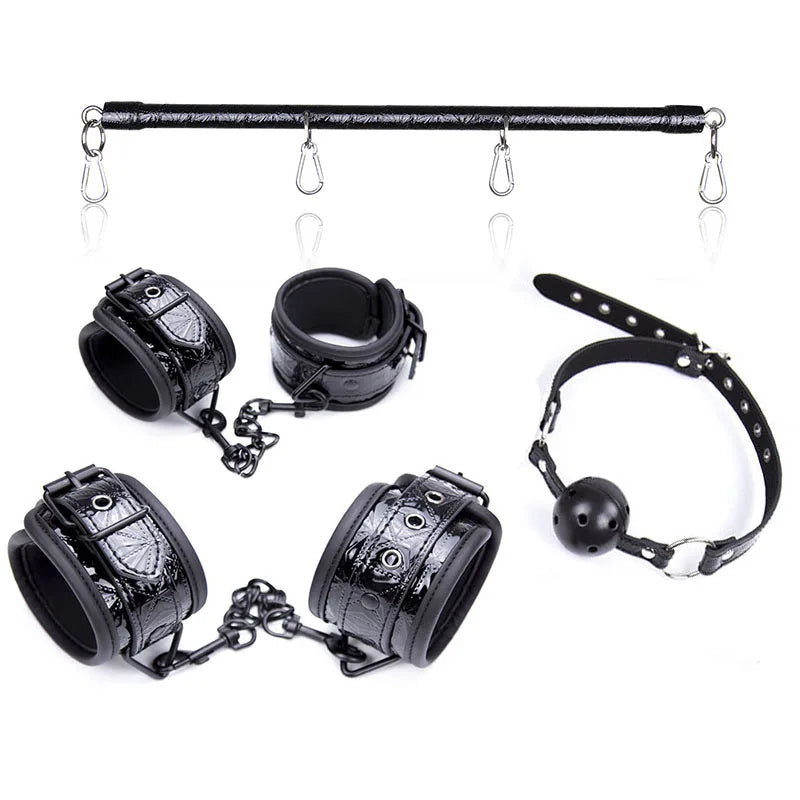 PU Leather Black Bondage Set Diamond Pattern Spreader Bar Handcuffs Ankle Cuff Restraints Adult Game Toys for Women&Men Products