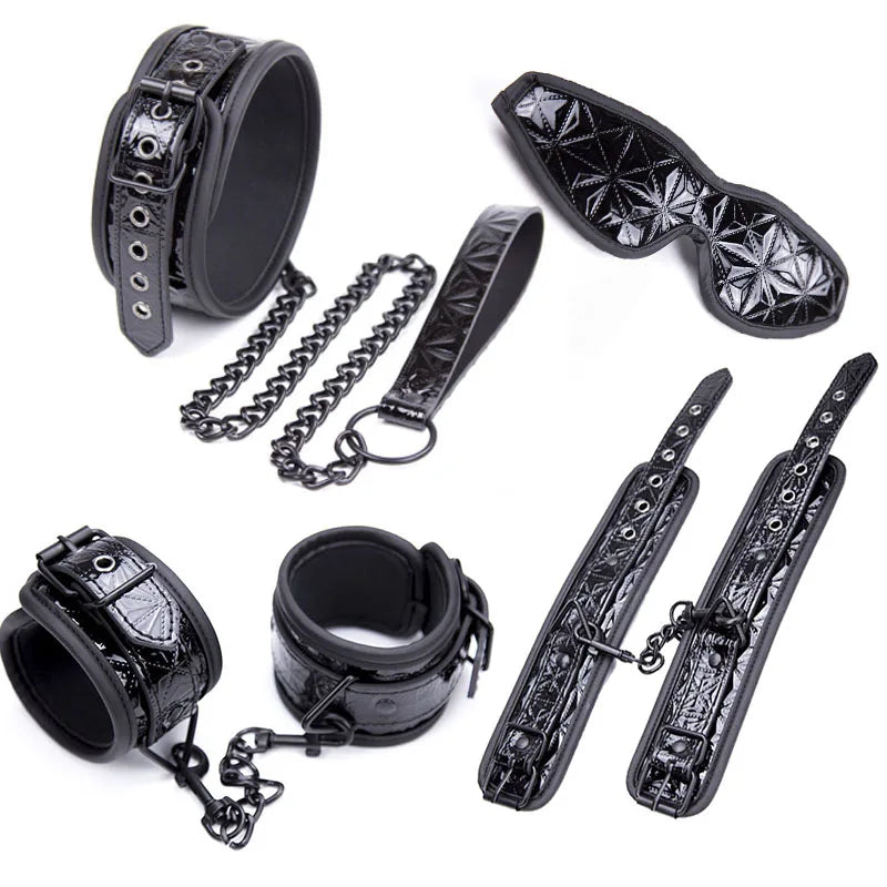 PU Leather Black Bondage Set Diamond Pattern Spreader Bar Handcuffs Ankle Cuff Restraints Adult Game Toys for Women&Men Products