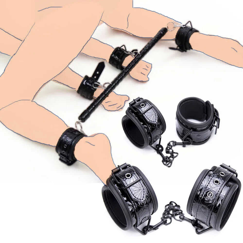 PU Leather Black Bondage Set Diamond Pattern Spreader Bar Handcuffs Ankle Cuff Restraints Adult Game Toys for Women&Men Products