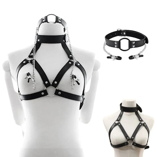 PU Leather Bondage Choker Collar with Nipple Clamp Toy for Woman Adjustable Neck Restraint Leash BDSM Erotic Sex Toys For Couple