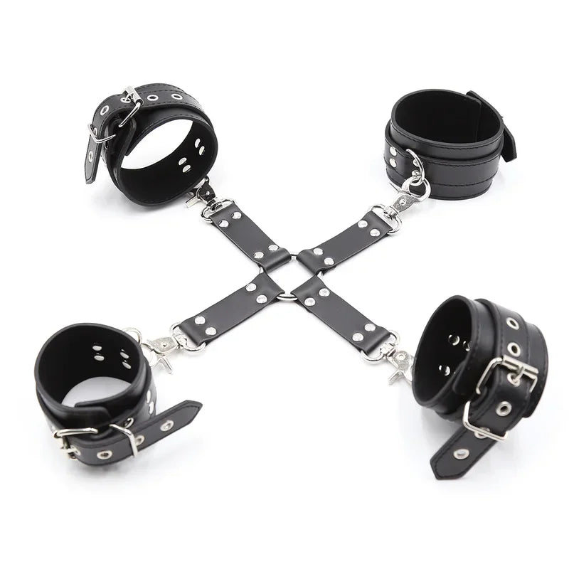 PU Leather Bondage  Hog Tie Handcuffs Ankle Leg Cuffs Cross Hook Strap Restraint Erotic Sex Toys For Couples Adult Fun Games