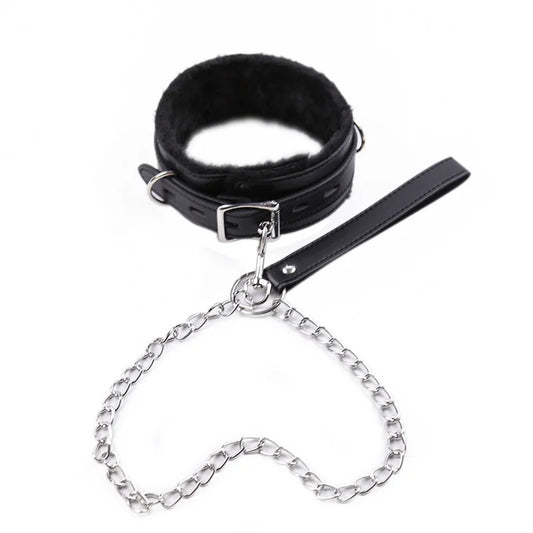 PU Leather Furry Bondage Choker Collar with Chain Lead Leash Multi Colors Erotic Role Play Costumes Sex Toys For Adult Couple