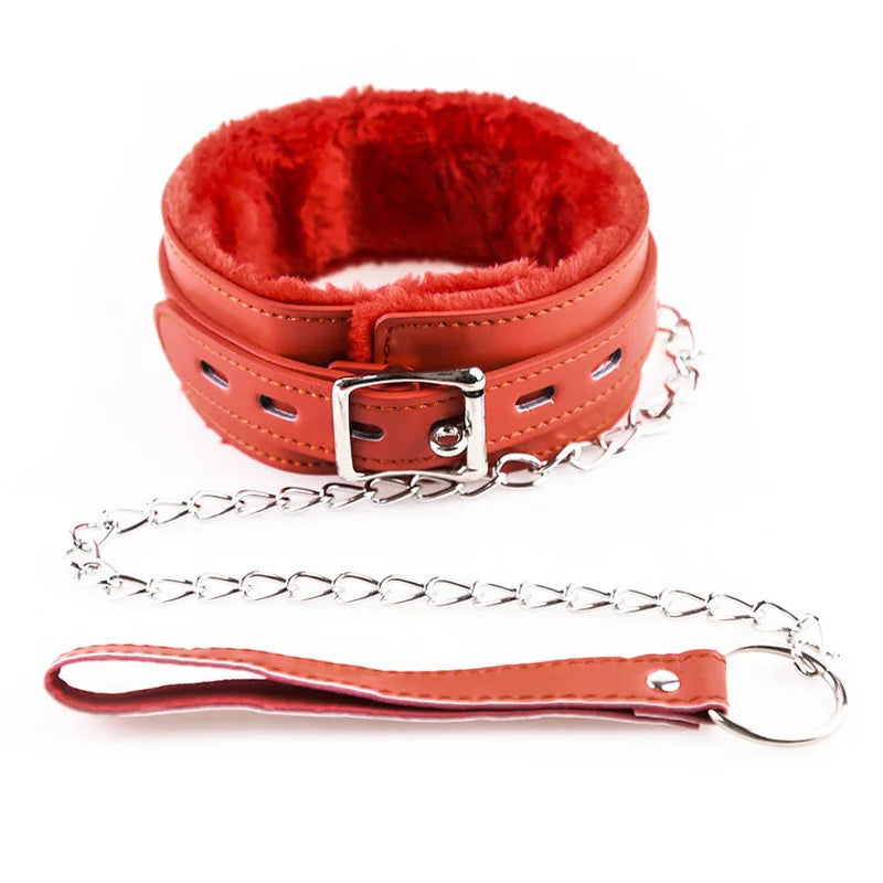 PU Leather Furry Bondage Choker Collar with Chain Lead Leash Multi Colors Erotic Role Play Costumes Sex Toys For Adult Couple