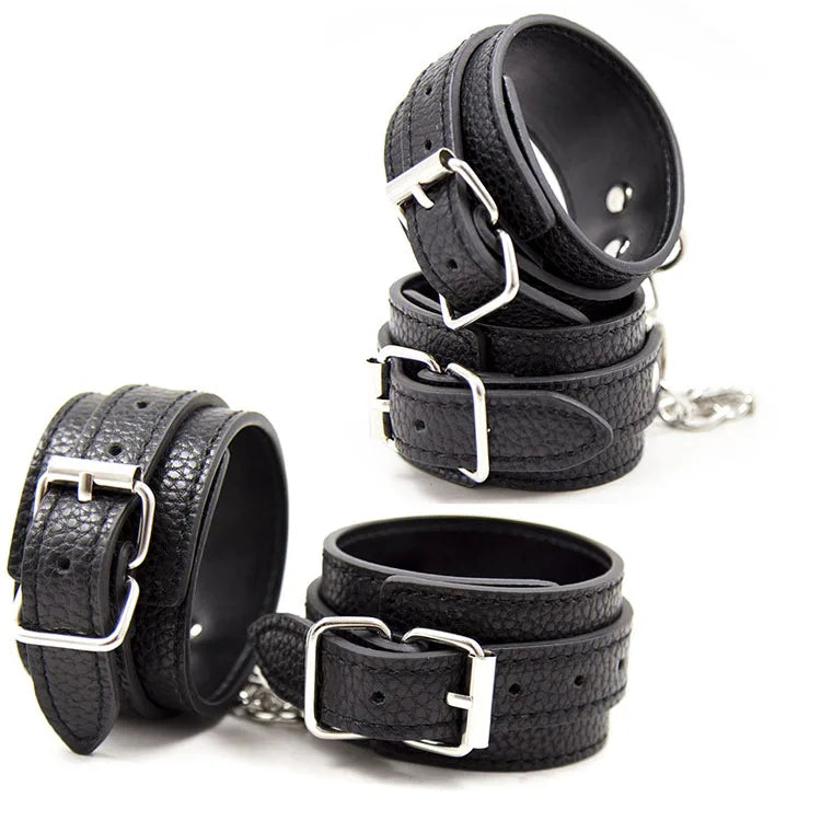 PU Leather Handcuffs Wrist Ankle Cuffs Restraints Collar Set Leash Roleplay Under Bed Bondage Set Sex Toys for Men Women Couples