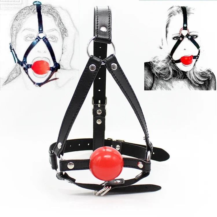 PU Leather Head Harness Bondage Open Mouth Gag Restraint Red Silicone Ball Adult Fetish SM Sex Game Toy for Women Couple Sex Toy