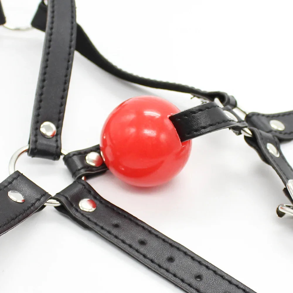 PU Leather Head Harness Bondage Open Mouth Gag Restraint Red Silicone Ball Adult Fetish SM Sex Game Toy for Women Couple Sex Toy