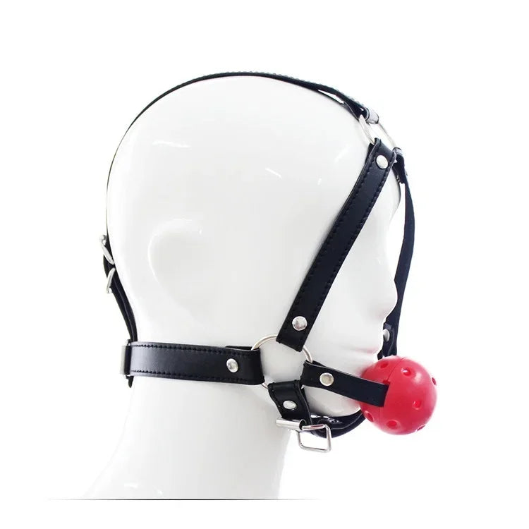 PU Leather Head Harness Bondage Open Mouth Gag Restraint Red Silicone Ball Adult Fetish SM Sex Game Toy for Women Couple Sex Toy