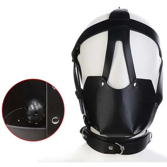 PU Leather Head Harness with Mouth Ball Gag Fetish Salve BDSM Oral Muzzle Restraints Face Mask Hood Bondage Headgear for Couples