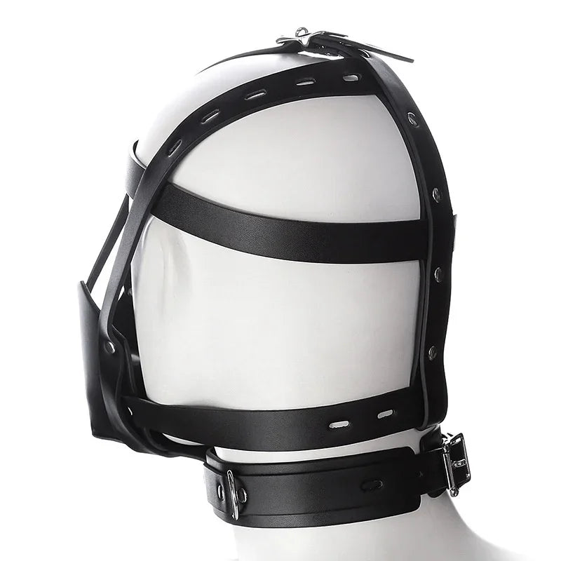 PU Leather Head Harness with Mouth Ball Gag Fetish Salve BDSM Oral Muzzle Restraints Face Mask Hood Bondage Headgear for Couples