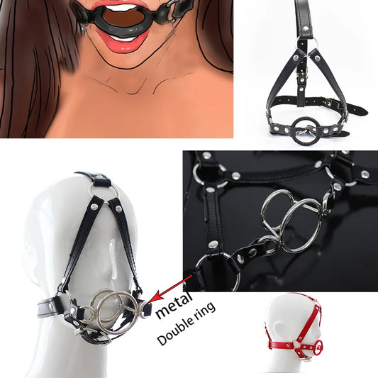 PU Leather Head Strap O Ring Mouth Gag Metal Ring Open Mouth Fixation for Woman Slave Bondage Fetish SM Couple Game Tool Sex Toy