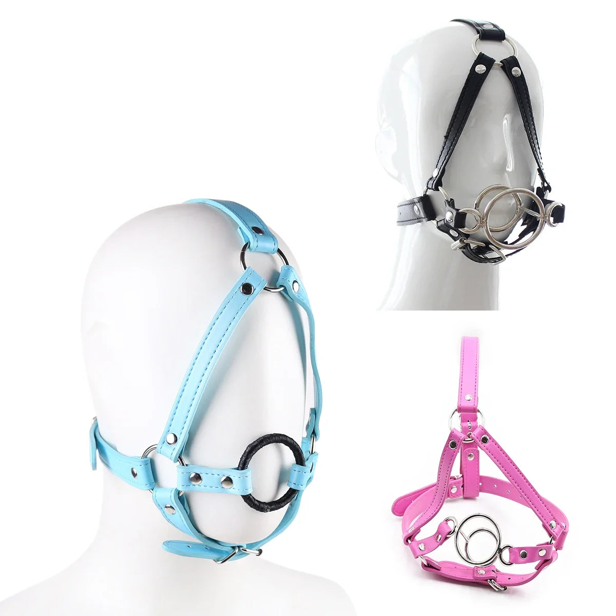 PU Leather Head Strap O Ring Mouth Gag Metal Ring Open Mouth Fixation for Woman Slave Bondage Fetish SM Couple Game Tool Sex Toy