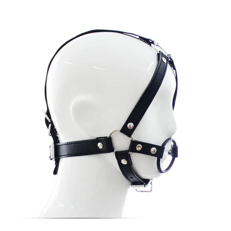 PU Leather Head Strap O Ring Mouth Gag Metal Ring Open Mouth Fixation for Woman Slave Bondage Fetish SM Couple Game Tool Sex Toy