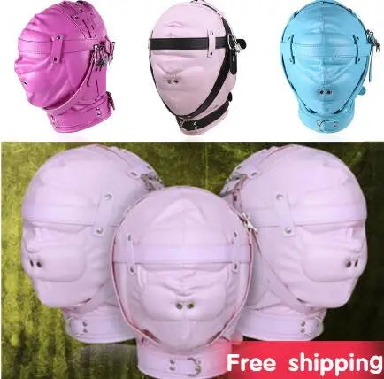 PU Leather Hood Blindfold Head Mask Lockable Adjustable Head Harness Mask Open Mouth Headgear Halloween Cosplay Mask for Couples