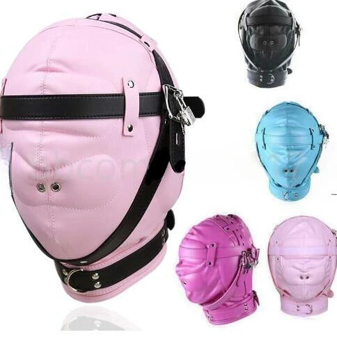 PU Leather Hood Blindfold Head Mask Lockable Adjustable Head Harness Mask Open Mouth Headgear Halloween Cosplay Mask for Couples