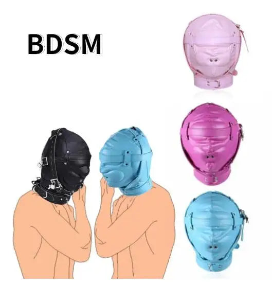 PU Leather Hood Blindfold Head Mask Lockable Adjustable Head Harness Mask Open Mouth Headgear Halloween Cosplay Mask for Couples