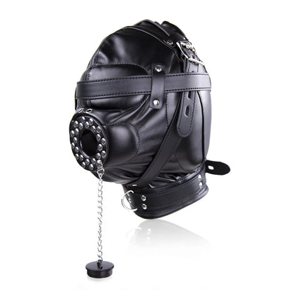 PU Leather Mask Hood Oral Gag Headgear with Funnel Detachable Cover Bondage BDSM Gimp Sexy Costume Sex Toys for Men Women