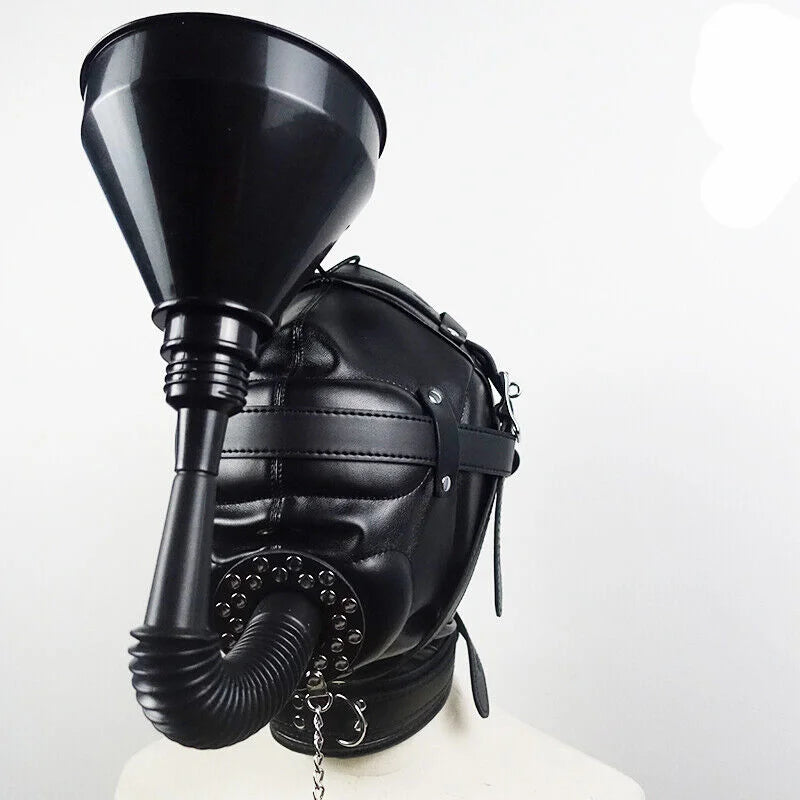 PU Leather Mask Hood Oral Gag Headgear with Funnel Detachable Cover Bondage BDSM Gimp Sexy Costume Sex Toys for Men Women