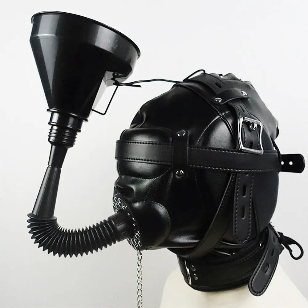 PU Leather Mask Hood Oral Gag Headgear with Funnel Detachable Cover Bondage BDSM Gimp Sexy Costume Sex Toys for Men Women