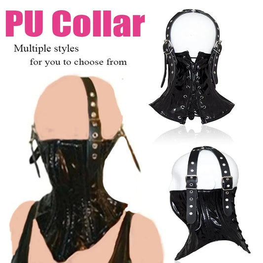 PU Leather Neck Collar Bondage Cover Mouth Restraints Head Mask Adjustable BDSM Neck Corset Harness for Women Adult Games