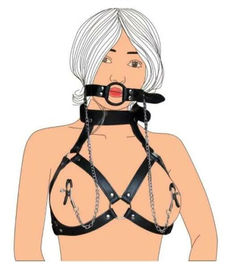 PU Leather Neck Collar Cupless Bra Mouth Gag Nipple Clamps Adult Sex Toy SM Breast Clamps Clips BDSM Strap Sex Toys for Women