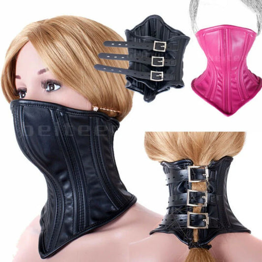 PU Leather Neck Corset Collar Restraint Bondage Locking Roleplay Face Cover Mouth Slave Adult Sex Toys for Couples