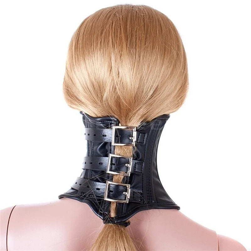 PU Leather Neck Corset Collar Restraint Bondage Locking Roleplay Face Cover Mouth Slave Adult Sex Toys for Couples