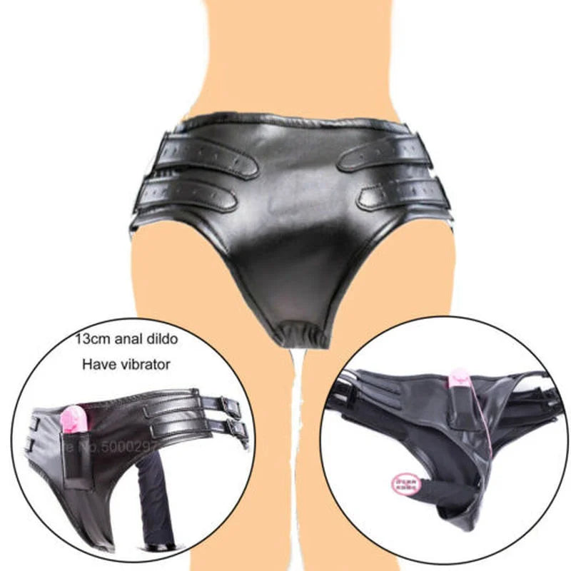 PU Leather Pants Harness with 13cm Plug Bondage BDSM Underwear Shock Chastity Belt Briefs Thoug Pants Underwear for Lesbien