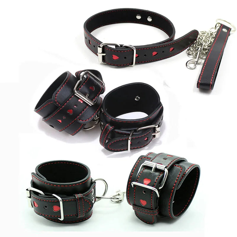 PU Leather Sexy Handcuffs Collar Black LOVE Restraints Ankle Cuffs Bdsm Womens Lingerie Sex Toys for Couples Bondage Erotic