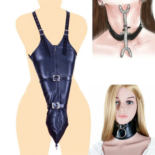 PU Leather Steel Heretics Fork Posture Neck Collar Hands Wrists Arm Binder Restraint Erotic Sex Position Toys for Couple Games