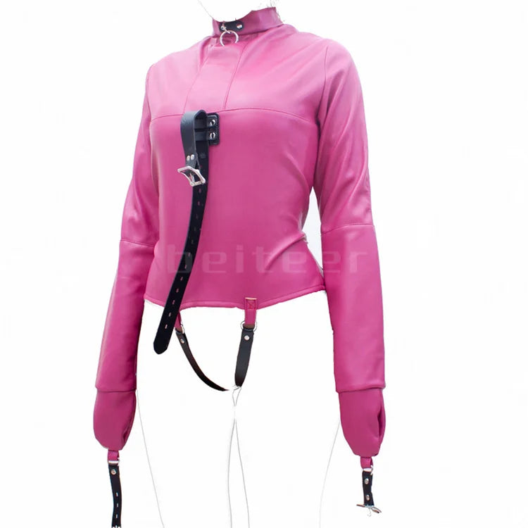 PU Leather Straight Jacket Bondage Women's Sexy Lingerie Open Crotch Straight Jacket Body Harness Restraint Armbinder BDSM