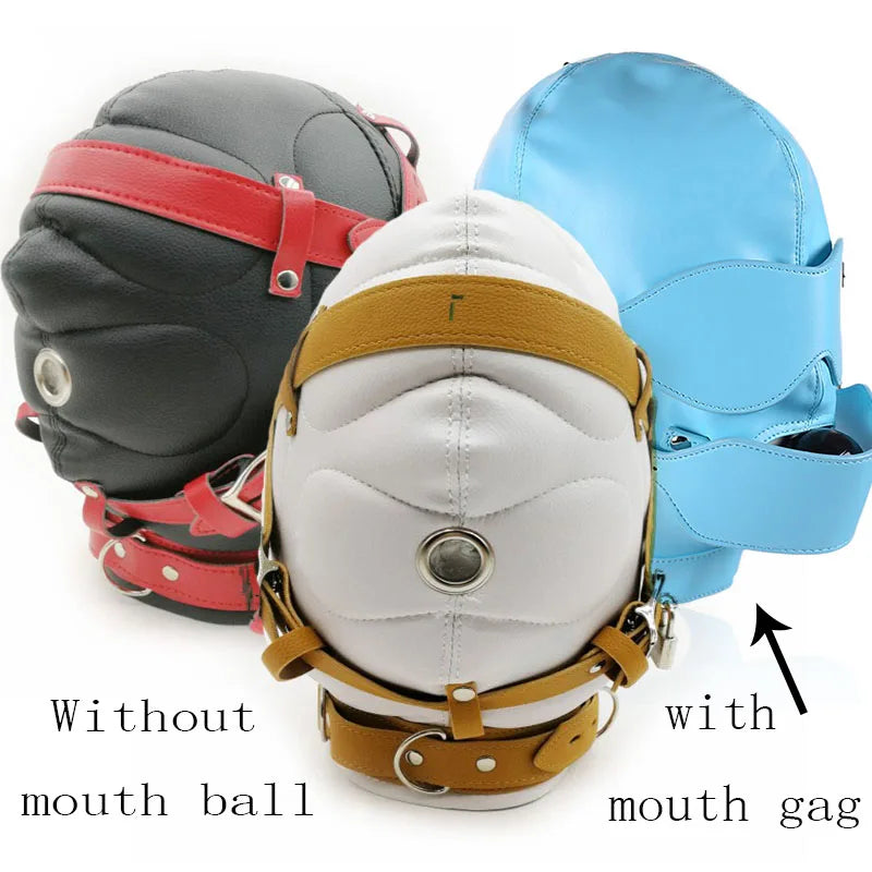 PU Leather Total Sensory Deprivation Full Head Bondage Hood Headgear Mouth Open Lockable Gimp Bondage BDSM Sex Toy for Couple