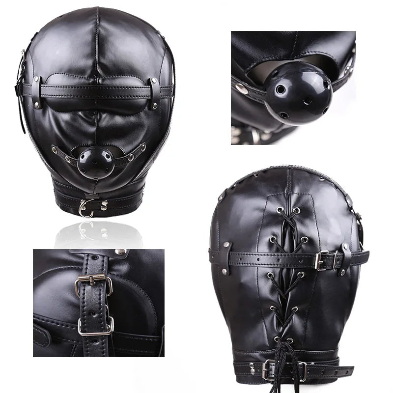 PU Leather Total Sensory Deprivation Full Head Bondage Hood Headgear Mouth Open Lockable Gimp Bondage BDSM Sex Toy for Couple